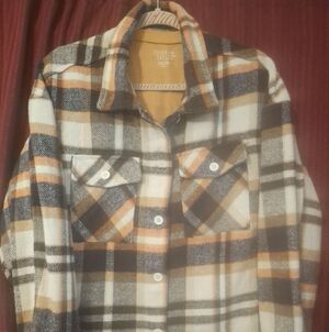 Men's Plaid Button-Up Shacket in Cream, Orange & Brown